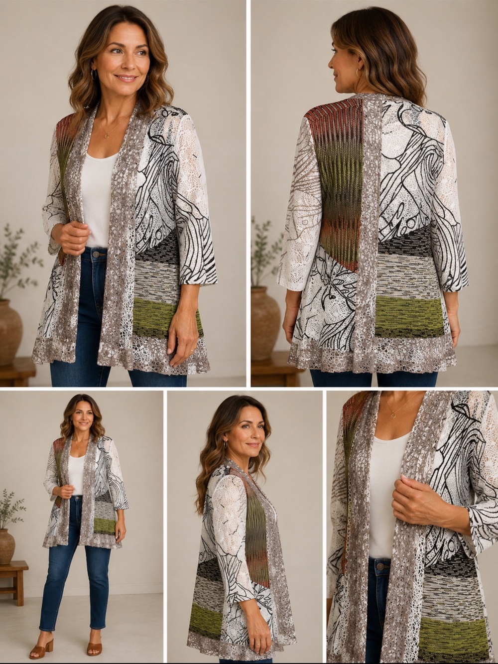 Ali Miles Cardigan Sweater Jacket L  Open Front Mesh Floral Artsy Ladies crochet